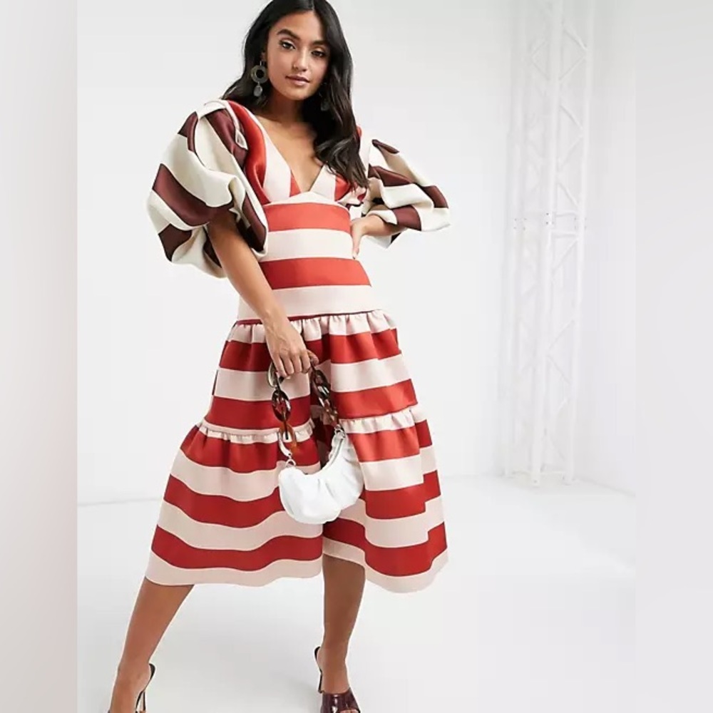 ASOS scuba puff sleeve striped dress drop waist full skirt SZ 8 NWT